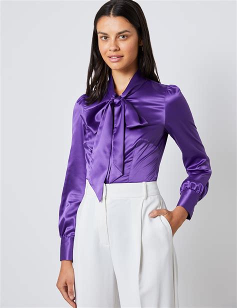 Womens Purple Satin Fitted Shirt Single Cuff Pussy Bow Hawes