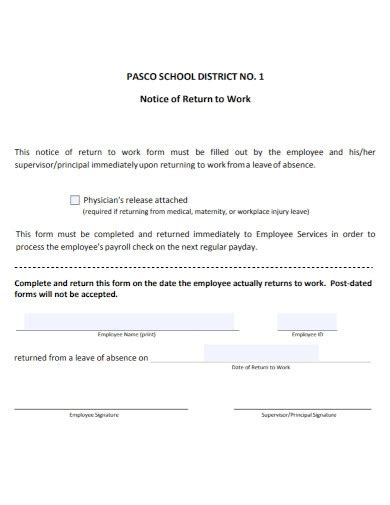 Notice Of Return To Work 4 Examples Format Pdf Examples