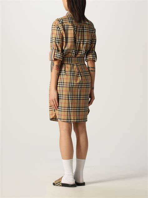 Burberry Stretch Cotton Chemisier Dress With Check Pattern Beige