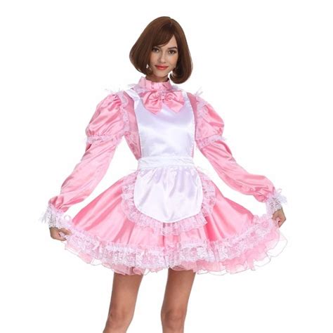 Sissy Girl Maid High Collar Cute Bow Satin Lockable Pink Dress