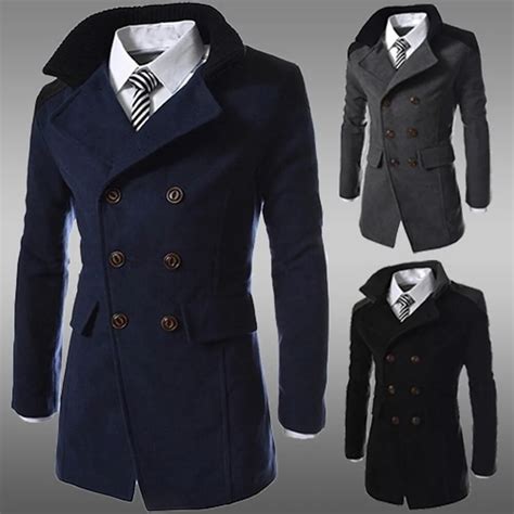 Men Jacket Black Warm Winter Trench Long Outwear Button Smart Overcoat Men Stylish Formal