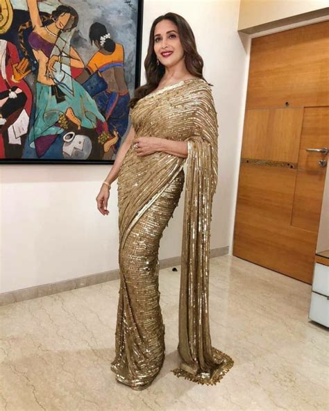 Madhuri Dixit Party Wear Golden Color Heavy Sequence Work Saree