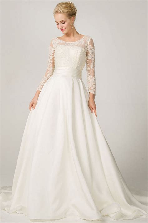 A Line Long Sleeves Illusion Neckline Bridal Wedding Dresses With Lace