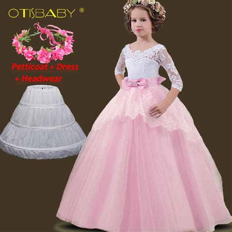 Winter Lace Hollow Tail Kids Dresses For Girls Princess Floral Wedding