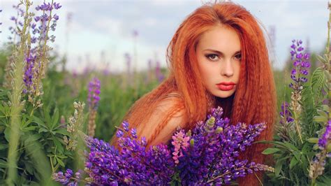 Wallpaper Women Redhead Model Long Hair Purple Dress Lavender