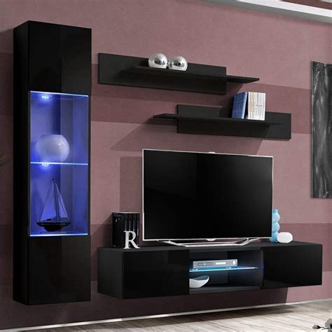 Black Floating Tv Stand With Led Lights And Glass Shelves Large