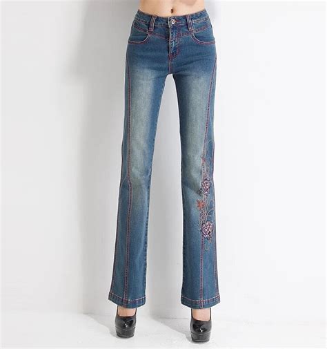 ferzige women jeans with embroidery high waist woman embroidered slim flare floral pattern