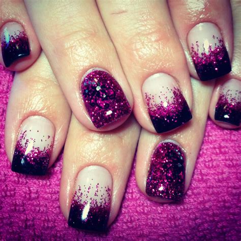 Black Tip Pink Glitter Fade Gel Nails With Glitter Feature Nail And Flower Decals Nail Art Gel