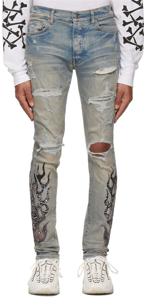 blue and taupe bandana flame jeans by amiri on sale
