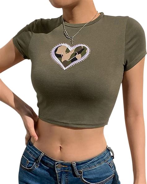 Meladyan Women Camo Heart Graphic Cute Crop Tees O Neck Short Sleeve