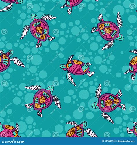 Vector Seamless Pattern With Ornamental Ocean Turtles Blue Ethnic
