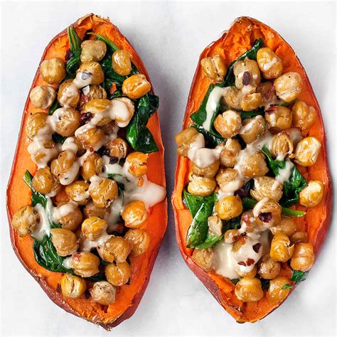 Line a baking sheet with foil and place the scrubbed sweet potatoes on it. Chickpea Spinach Stuffed Sweet Potatoes with Tahini | Last ...