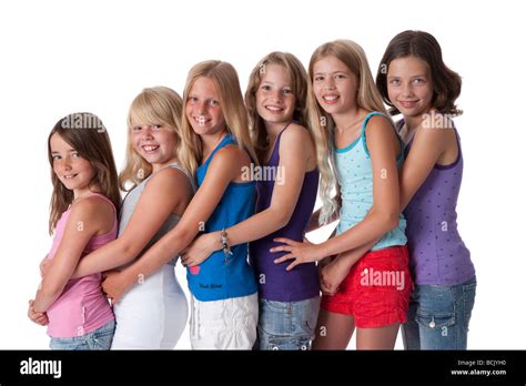 Six Girls Of 10 Years Old In A Row Stock Photo Alamy