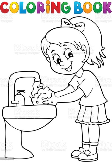 Mewarnai Buku Gadis Mencuci Tangan Tema 1 Ilustrasi Stok Unduh Gambar
