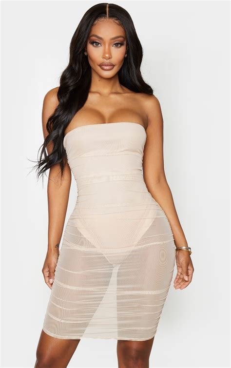 Nude Mesh Bandeau Ruched Bodycon Dress Prettylittlething Usa