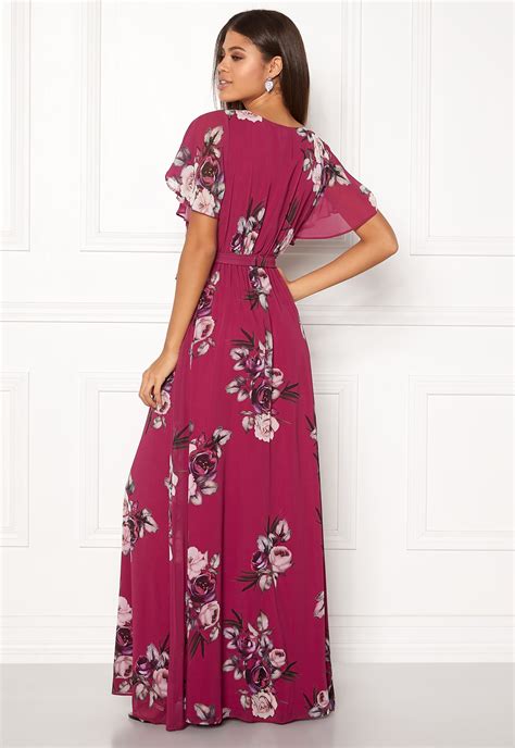 Goddiva Floral Sleeve Maxi Dress Berry Bubbleroom