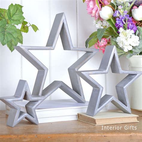 Mantlepiece Stars Three Decorative Wooden Standing Stars In White With