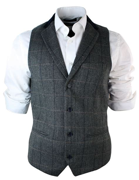 Mens Vintage Tweed Check Wasitcoat Herringbone Tan Brown Charcoal Grey
