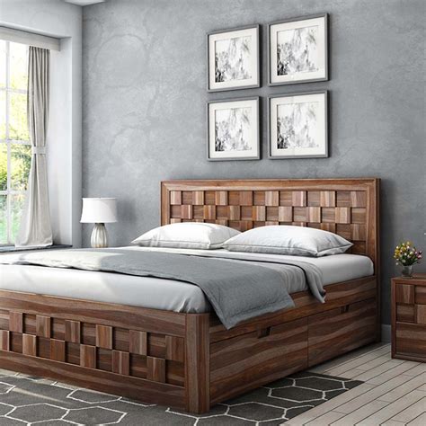 Japanese design wooden bed with stylish veneer in light brown / beech colour incl. Walsenburg Checkered Solid Wood Captains Storage Platform ...