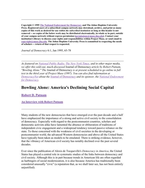 Robert Putnam Bowling Alone Americas Declining Social Capital