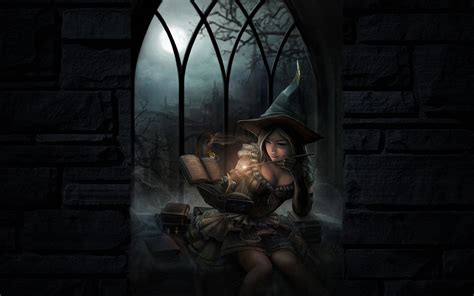 Fantasy Art Dark Witch Magic Spell Books Halloween Girl Women Babes