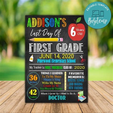 Editable Last Day Of First Grade Chalkboard Poster Diy Createpartylabels