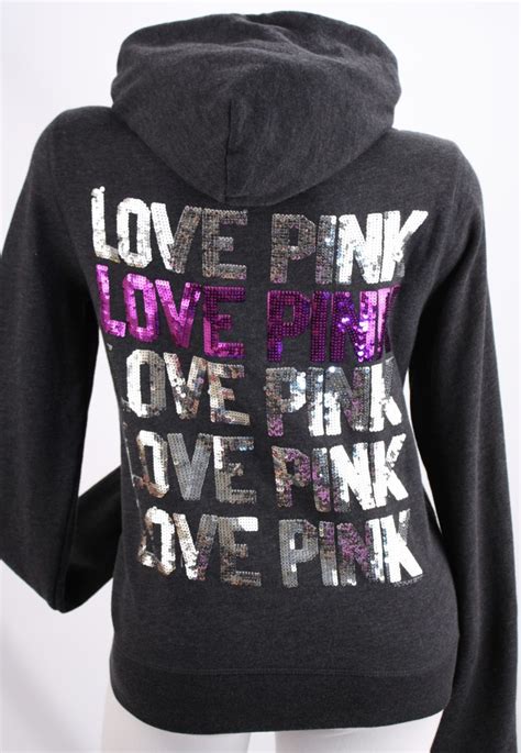 Victorias Secret Love Pink Sequin Bling Zip Hoodie Sweatshirt Ebay