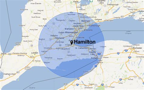 Hamilton Canada Map Of Hamilton Ontario Canada With 100 Km 60 Mile