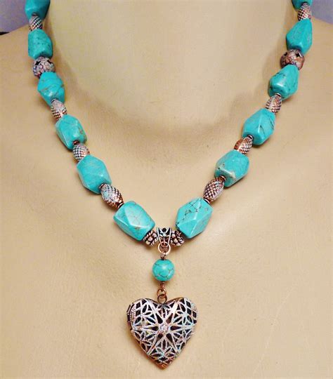 Turquoise And Copper Heart Locket Necklace And Earring Set
