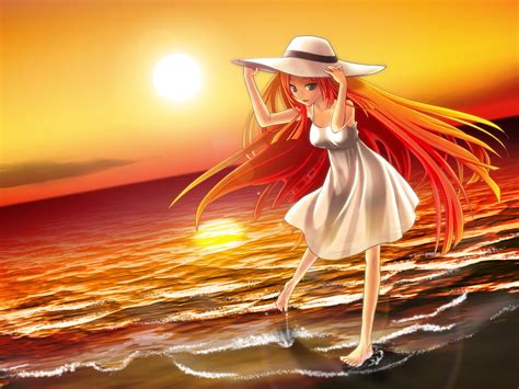 Female Orange Haired Anime Character Wearing White Dress And Sun Hat Hd