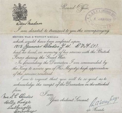 Official Letter Accompanying British War And Victory Medal First World