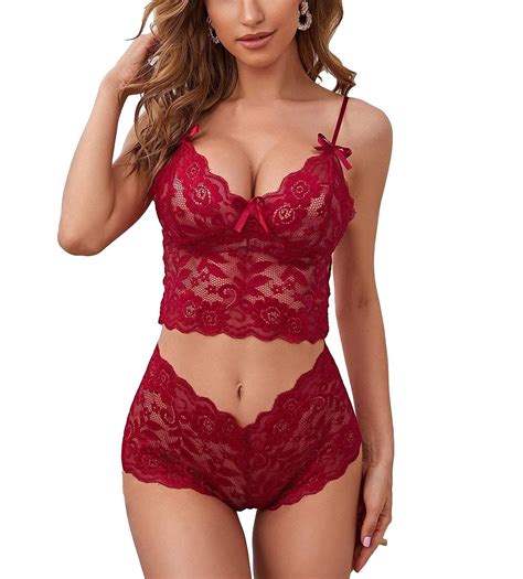 Lilosy Sexy Sheer Floral Lace Pajamas Lingerie Set High Waist Sleepwear Bra And Panty 2 Piece