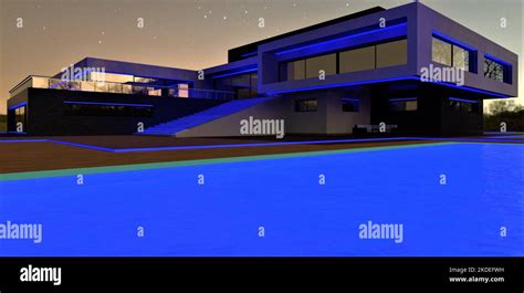Option to illuminate the contemporary country building with blue color