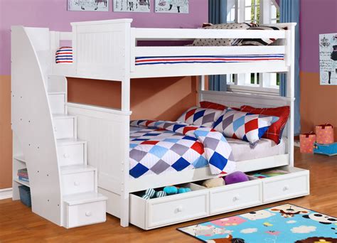 There are open niches under a staircase and 4 drawers in this bunk bed is a very functional idea that includes a lower sofa and stairs that provide access to the upper bed. Beadboard Full over Full Bunk Bed with Stairs, Trundle and ...