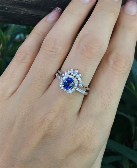 blue sapphire halo engagement ring set genuine oval sapphire bridal ring set royal blue