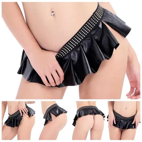 SEXY WOMEN FAUX Leather Wetlook Micro Mini Studded Skirt Swing Pleated Clubwear PicClick UK