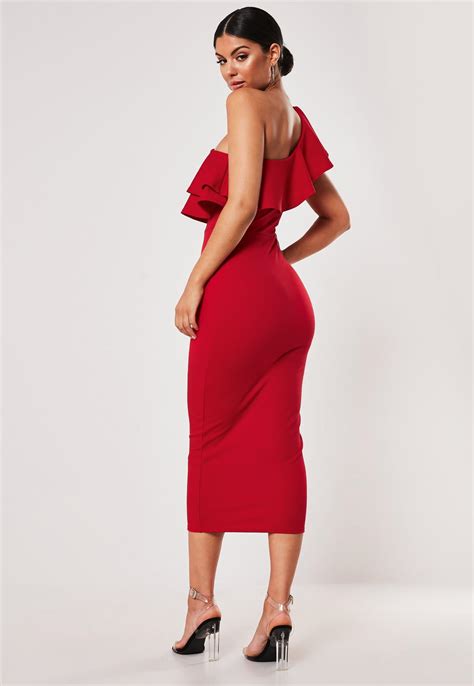 Red One Shoulder Ruffle Bodycon Midi Dress Missguided