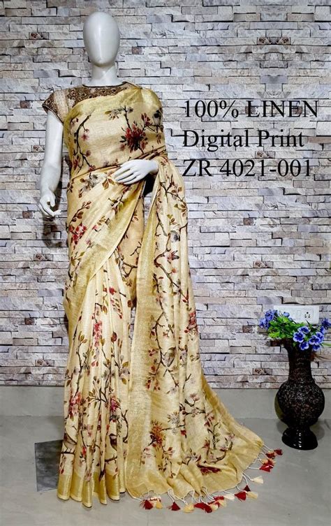 Digital Print Organic Linen Saree Available In Multiple Colors And