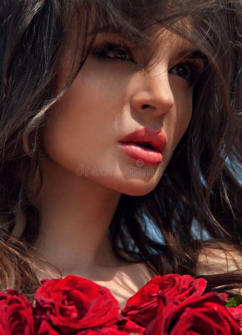 Fashion Model Girl Portrait With Red Roses Stock Image Image Of Model