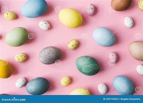 Stylish Eggs Flat Lay On Pink Background Modern Natural Dyed Colorful