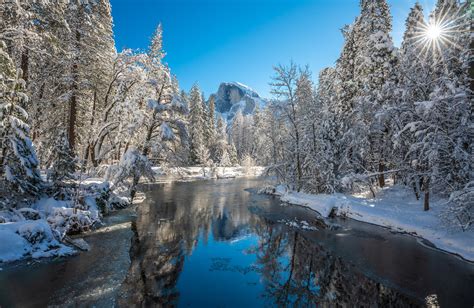 Yosemite Winter Half Dome Merced River Sentinel Bridge Fresh Snow Blue