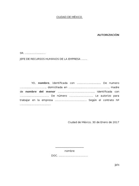 Carta De Autorización Para Trabajo De Menor Pdf