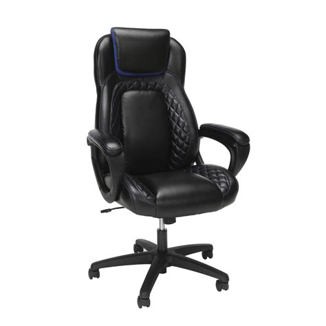 This racing style bonded leather gaming chair, in black, was designed with ergonomics in mind. OFM Essentials Collection Racing Style SofThread Leather ...