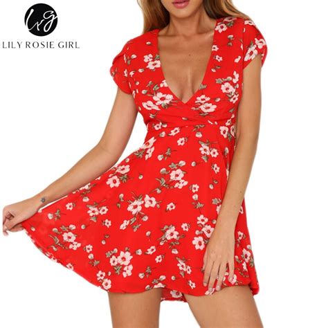 Lily Rosie Girl Red Floral Print Deep V Neck Mini Dress Women Elegant Summer Beach Sexy Boho