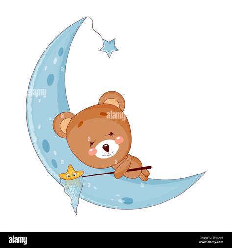 Cute Baby Bear Sleeping On The Moon Vector Illustration Stock Vector