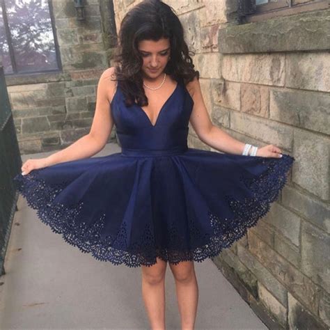 Navy Blue V Neck Lace Short Prom Dresses Navy Blue Lace Homecoming Dr