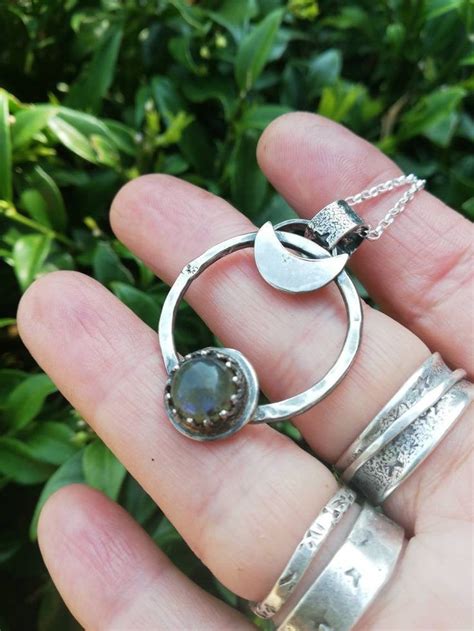 Crescent Moon Pendant With Blue Labradorite Rustic Silver Etsy Uk
