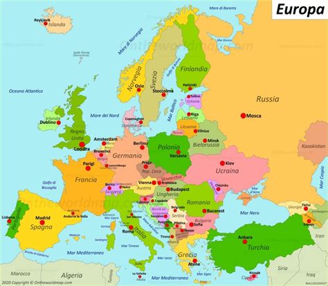 La cartina politica dell'italia è dunque, a differenza di quella fisica, una cartina che tiene conto delle divisioni amministrative delle regioni interne allo stato. Mappa dell'Europa con le capitali