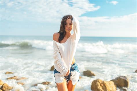 Sunlight Women Outdoors Women Model Sea Shore Sand Brunette Beach Dress Jean Shorts
