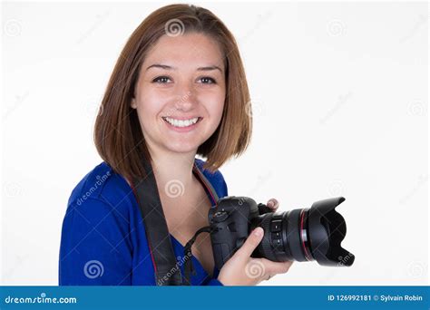 Woman Photographer Holding Reflex Camera Dslr Smiling Stock Image